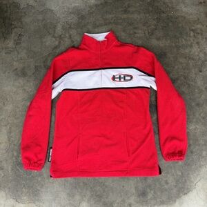 Harley Davidson Red Fleece Sweater White Stripe 1/4 Zip Embroidered Logo Women M